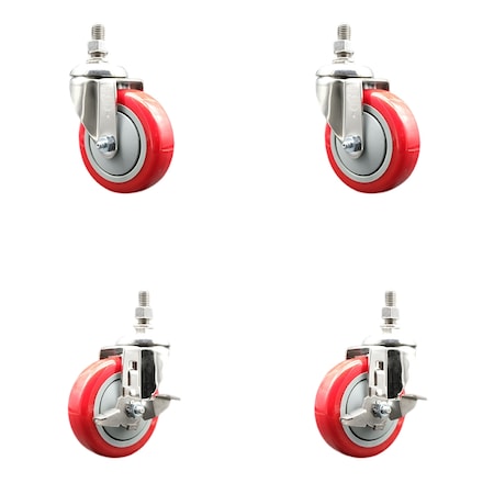 Service Caster 4 Inch 316SS Red Polyurethane Swivel 1/2 Inch Threaded Stem Caster Brakes, 2PK SS316TS20S414-PPUB-RED-121315-2-TLB2